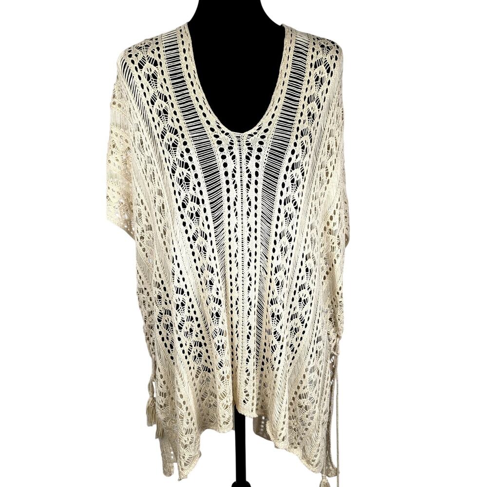 Crochet Boho Beach Cover Up Ivory Side Lace Tassels One Size Festival Boho chic